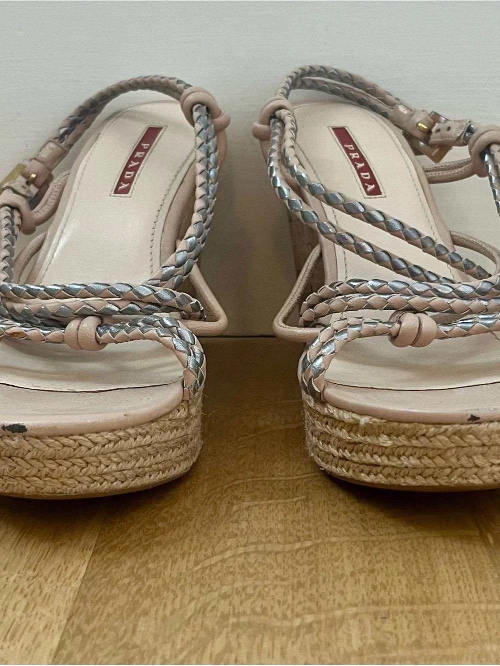 Prada Espadrille Cork Wedge Woven Strappy Tan Silver Pink Sandals Size EU 7/US 7